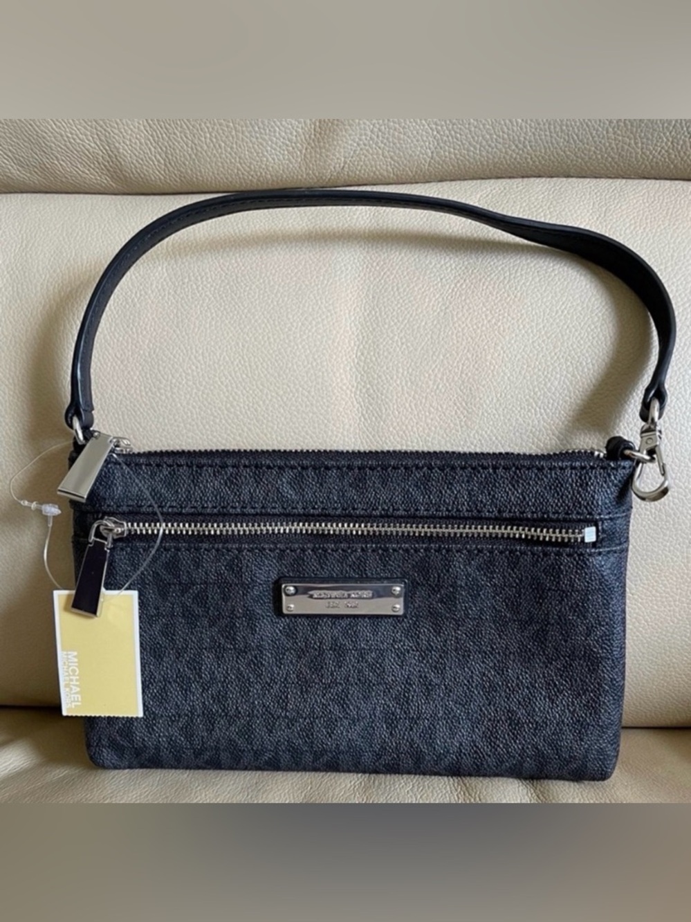 Michael Kors Black Logo-Print Shoulder Bag with Silver Hardware